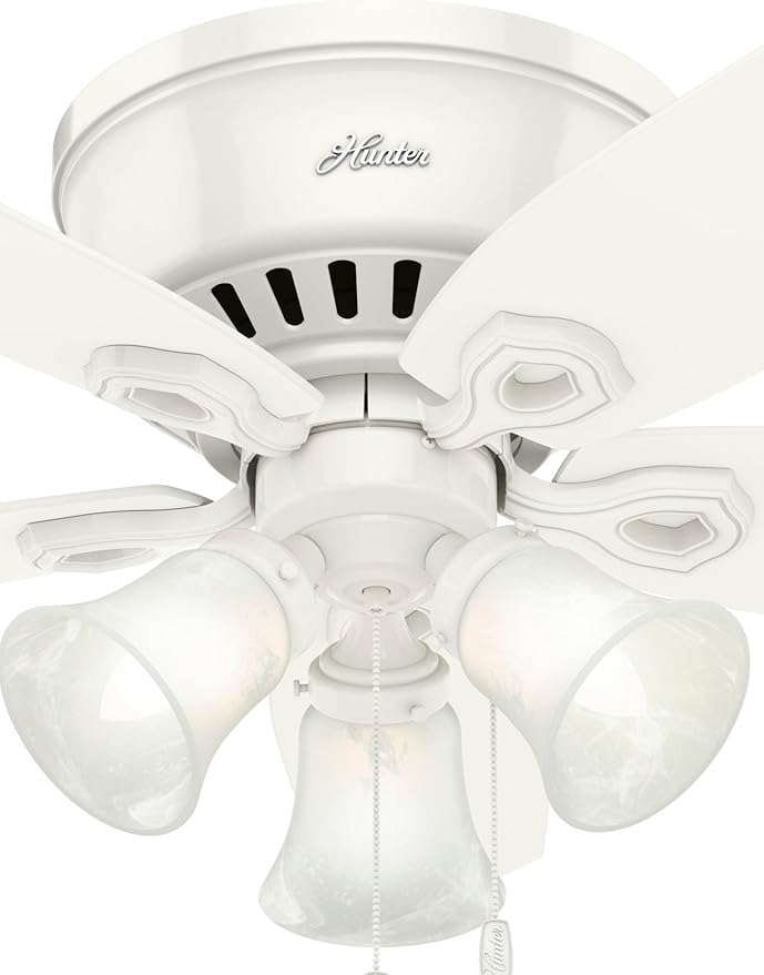 Hunter 42 inch Indoor Ceiling Fan with LED Lights - White Ceiling Fan with Pull Chain, For Bedroom, Living Room, or Kitchen, Low Profile Flush Mount, No Remote, 5 Blades - Builder 51090, Snow White