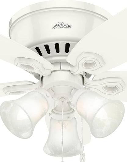 Hunter 42 inch Indoor Ceiling Fan with LED Lights - White Ceiling Fan with Pull Chain, For Bedroom, Living Room, or Kitchen, Low Profile Flush Mount, No Remote, 5 Blades - Builder 51090, Snow White
