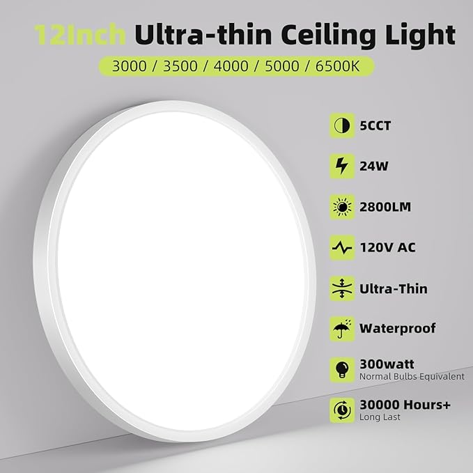 hepside 8Pack 12Inch LED Flush Mount Ceiling Light Fixture 5CCT 24W 2800LM Closet Light Fixture,Small Round Slim Surface Ceiling Lamp for Hallway,Bathroom,Bedroom,Kitchen,Interior