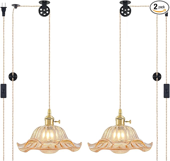 Plug in Pendant Light Vintage 2 Pack, Adjustable Pulley Hanging Lamp with Amber Lily Glass Shade, Brass Hanging Lights with Plug in Cord, Gold Hanging Pendant Light for Bedroom Living Room Kitchen