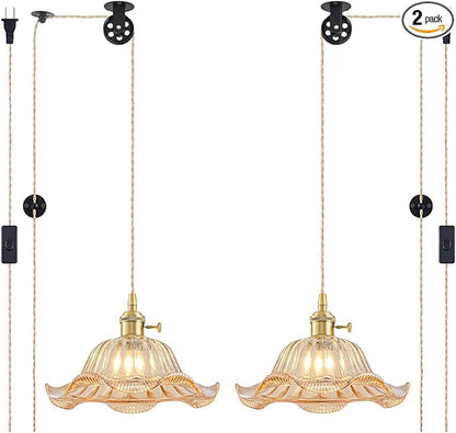Plug in Pendant Light Vintage 2 Pack, Adjustable Pulley Hanging Lamp with Amber Lily Glass Shade, Brass Hanging Lights with Plug in Cord, Gold Hanging Pendant Light for Bedroom Living Room Kitchen