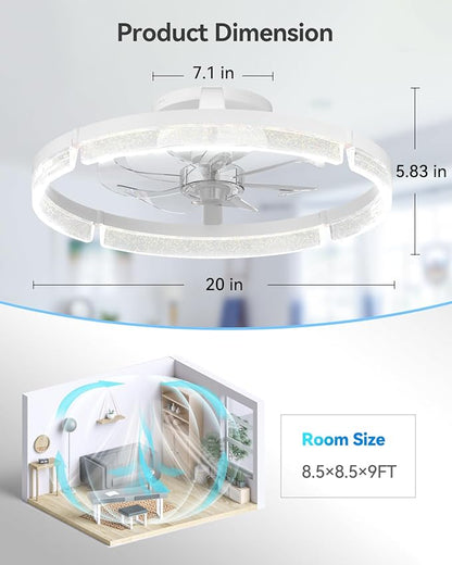 addlon Ceiling Fans with Lights and Remote, 20'' Low Profile Ceiling Fans, 3000-6000K Dimmable Modern Flush Mount LED Fan Light, Fandelier Ceiling Fan for Bedroom, Kitchen, Living Room, White