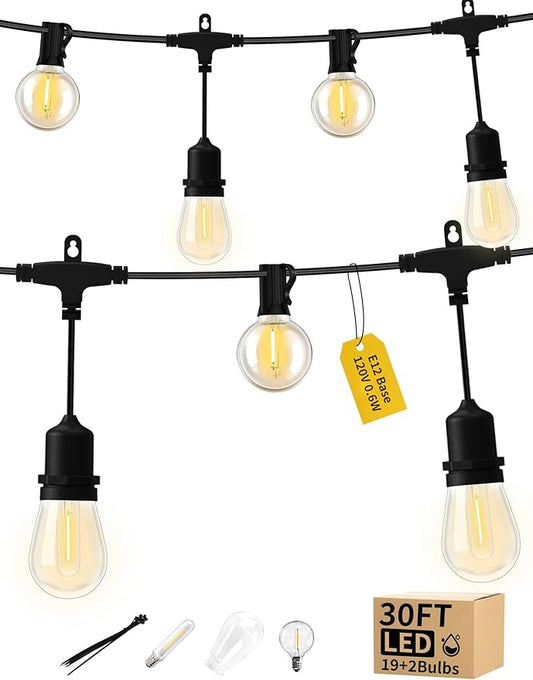 Bistro Lights Outdoor 30FT, Cafe Patio String Lights with Shatterproof LED Bulbs, Warm White Waterproof Plug-in Hanging Lights for Pergola, Balcony, Backyard Party and Deck Decor