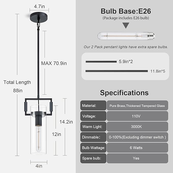 Mondern Black Kitchen Island Pendant Lights,12'' Glass Island Pendant Light,Farmhouses Knurled Pendant Light, for Kitchen,Dining Room,Bathroom,Bulb Included