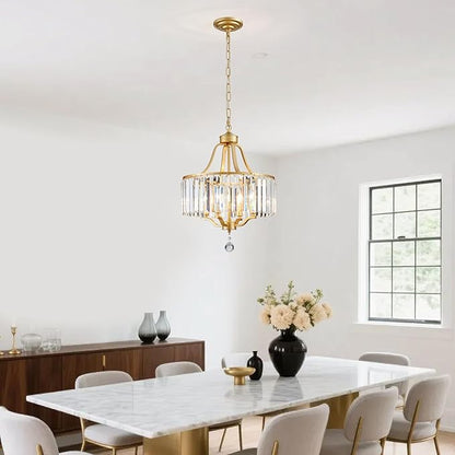 Gold Crystal Chandeliers for Dining Room, 4-Light Modern Round Chandeliers 15.7" for Living Room Kitchen Hallway Bedroom Foyer Hall, Adjustable Height Hanging Light Fixture