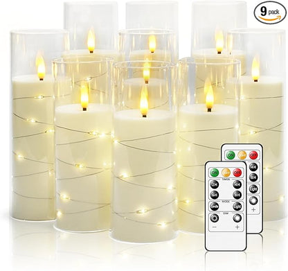 Nimiko Flickering Flameless LED Candles, 9 Pcs with Embedded Star String, Acrylic LED Pillar Candles with Remote, Suitable for Home Decoration (White)