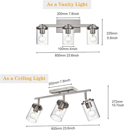 BONLICHT Modern Semi-Flush Mount Ceiling Light 3-Light Adjustable Ceiling Spotlight Brushed Nickel Kitchen Track Lighting Fixtures Industrial Wall Vanity Light Fixture with Clear Glass Shade
