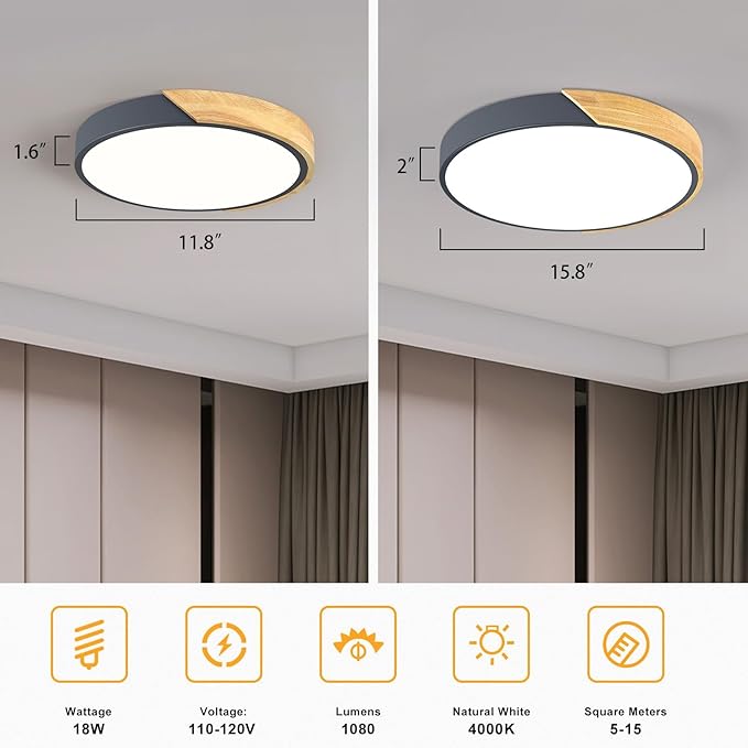 Modern LED Ceiling Light, Minimalist Wood Flush Mount Ceiling Light Fixture, 4000K Not Dimmable, Circle Lighting Lamp with Acrylic Lampshade for Bedroom Dining Room Laundry (Grey, 11.8'')