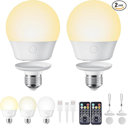 Brightown E26 Rechargeable Light Bulb with Remote Timer and 3 Color Temperatures, Battery Backup Bulb for Sconces and Lamps, E26 Detachable Charging for Non-Hardwired Fixture, Dimmer, 700LM