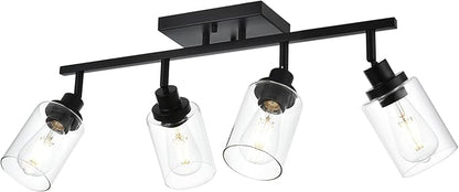 4-Light Track Lighting Kit Black Track Lighting Fixtures Bathroom Wall Sconces Ceiling Mount Kitchen Tracking Lights, Rotatable Spotlight with Clear Glass Shade for Kitchen Shop Hallway