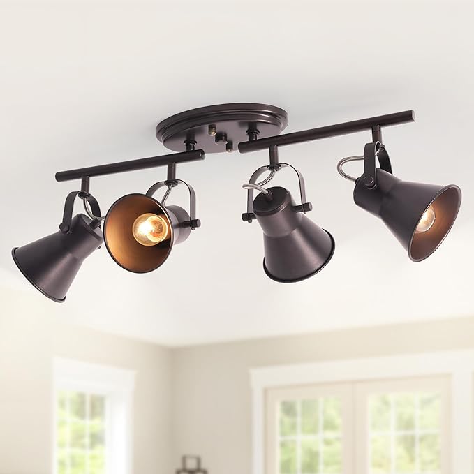 4-Light Brown Track Lighting Fixtures Ceiling, Directional Ceiling Spotlight with 4 Rotatable Heads, Modern Industrial Flush Mount Ceiling Light for Kitchen Island, Dining Room, Hallway