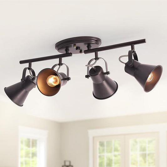 4-Light Brown Track Lighting Fixtures Ceiling, Directional Ceiling Spotlight with 4 Rotatable Heads, Modern Industrial Flush Mount Ceiling Light for Kitchen Island, Dining Room, Hallway