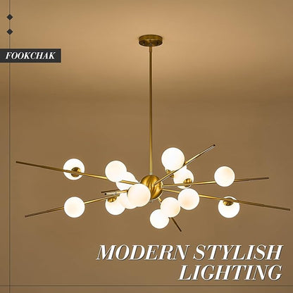 Large Gold Sputnik Chandelier 51in 16-Light Frosted Glass Chandelier Light Fixture Mid-Century Modern Molecular Chandeliers for Large Living Room Dining Room Foyer Kitchen Bedroom
