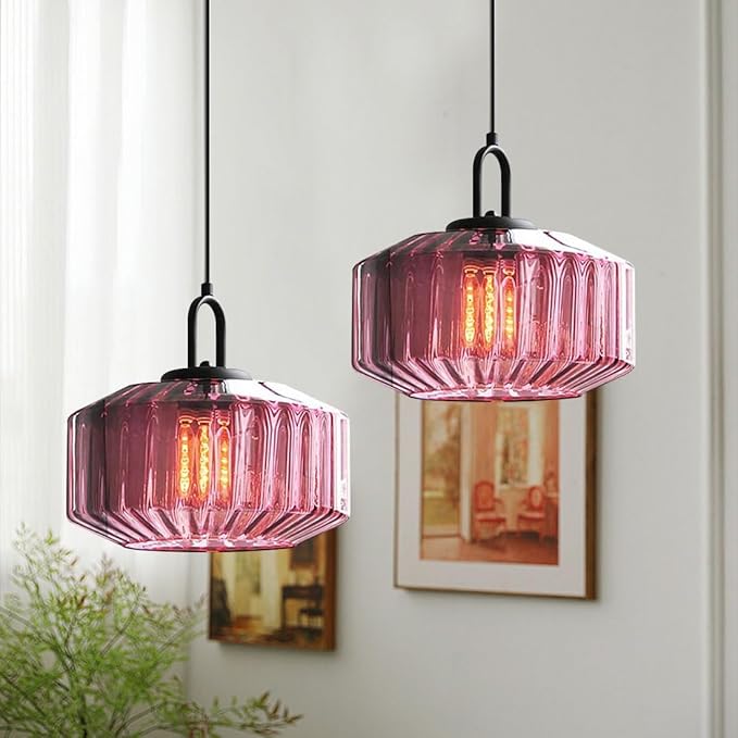 Mid Century Hanging Light Purple Glass Ceiling Pendant Lights Kitchen Island Vintage Pendant Lighting Striped Glass Globe Shade Modern Dining Room Pendant Light fixtures Black Finish