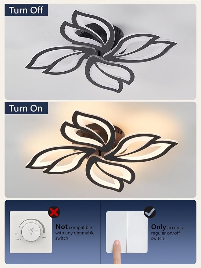 22" Modern Black Flower Dimmable LED Ceiling Light Fixtures, Geometric Low Profile Flush Mount Ceiling Light for Bedroom, Kitchen, Living Room