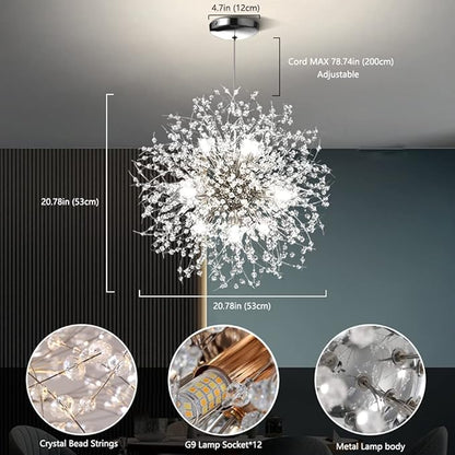 Modern Crystal Chandeliers 12-Light Chrome Dandelion Light Fixture,Firework Chandelier,Personalized Ceiling Hanging Lighting for Bedroom,Dining Room,Kitchen,Living Room Chandelier