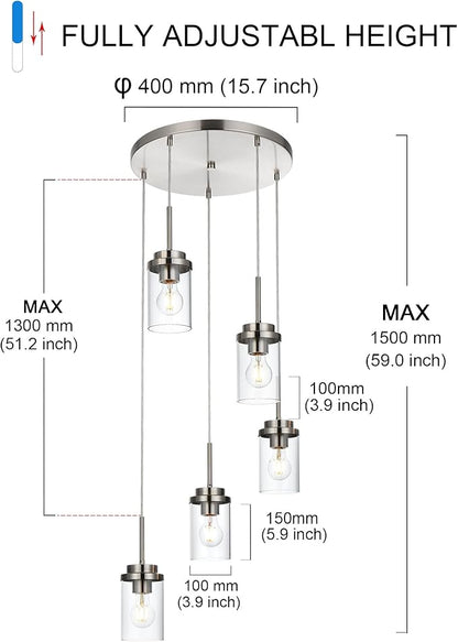 MELUCEE 5-Light Cluster Pendant Lights Stairwell Lighting Brushed Nickel Chandelier for Dining Room, Modern Kitchen Island Pendant Lighting Adjustable Hanging Ceiling Lamp with Clear Glass Shade