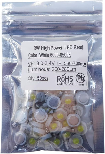 50 pcs High Power Led Chip 3W (6000K-6500K / 560mA-700mA / DC 3V-3.4V / 3 Watt) Super Bright Intensity SMD COB Light Emitter Components Diode 3 W Bulb Lamp Beads DIY Lighting, White (6000K)