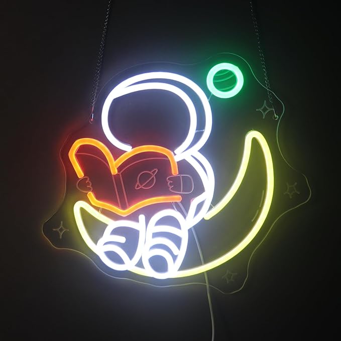 Nordstylee Astronaut Reading on Moon Neon Sign for Kids Room Study – Bookish LED Wall Art, Dimmable USB Space-Themed Decor, Unique Wall Hanging