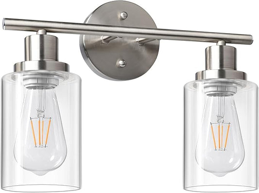 Unicozin 2 Light Vanity Lights, Brushed Nickel Wall Sconce Light with Clear Glass, Bathroom Light Fixtures, Wall Lights for Mirror, Living Room, Bedroom, Hallway, E26 Base (Bulbs Not Included)