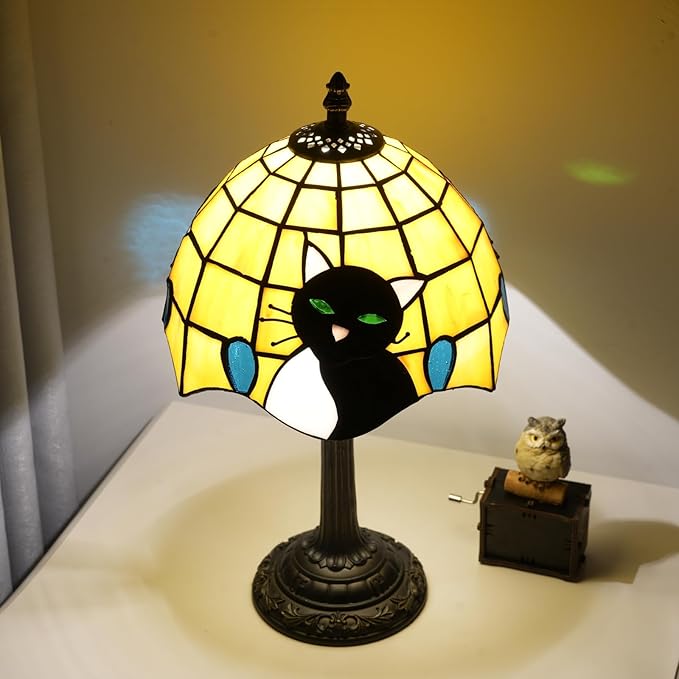 Tiffany Stained Glass Small Cat Table Lamp Elegant Cute Vintage Style White Black Cat Lamp for Nightstand Bedroom Home Decor Kitchen Counter Antique Living Room Office Desk Bedside Night Lamps