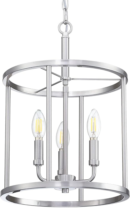 3 Light Hanging Geometric Lantern Pendant Light Fixture Brushed Nickel Finish Chandelier Adjustable Chain Metal Cage Pendant Lighting for Kitchen Island Dining Room Foyer