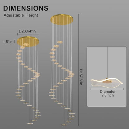 ziidoo High Ceiling Chandelier - 32-Light Dimmable Modern Gold Long Spiral Luxury Linear Lotus Leaf Led Lamp Hanging Pendant Lights for Foyer Enterway Staircase Villas