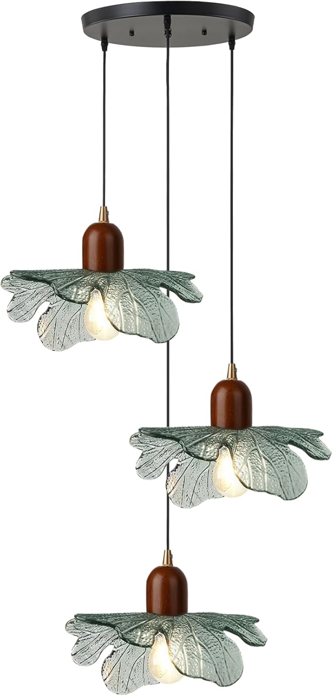 3 Light Dark Green Glass Pendant Light Mid Century Modern Chandelier Adjustable Hanging Ceiling Light Fixture E26 Base for Kitchen Island Dining Room Bedroom Living Room Cafe Restaurant