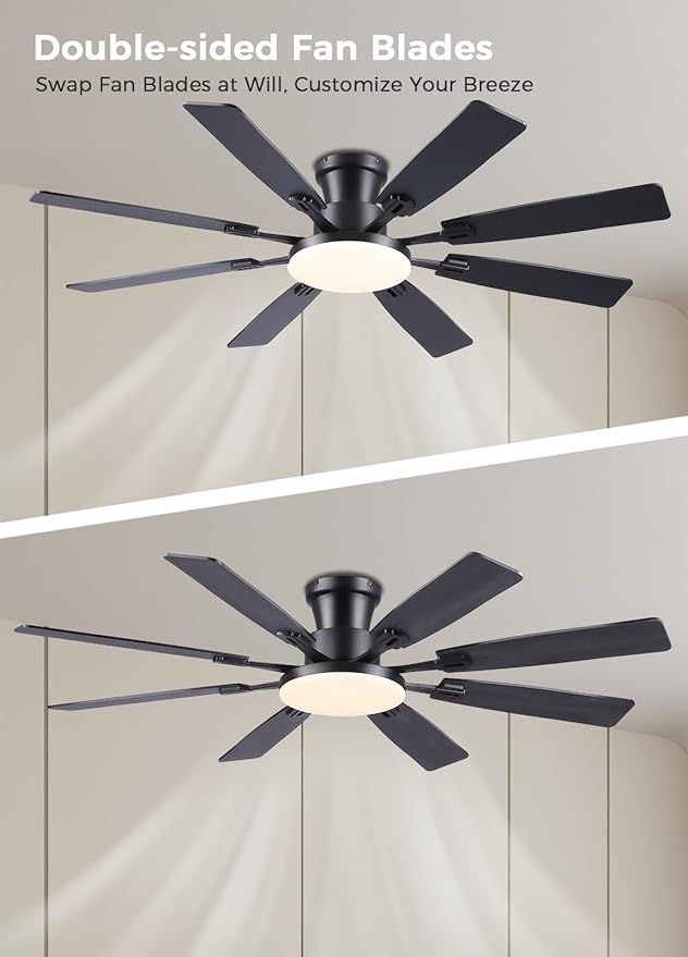 JSAITEE 60Inch Ceiling Fan with Lights and Remotes, Large Low Profile Flush Mount Ceiling Fans,DC Reversible Motor, 3CCT Dimmable,Noiseless,Dual Finish, Black 6 Speeds Ceiling Fan for Indoor/Outdoor