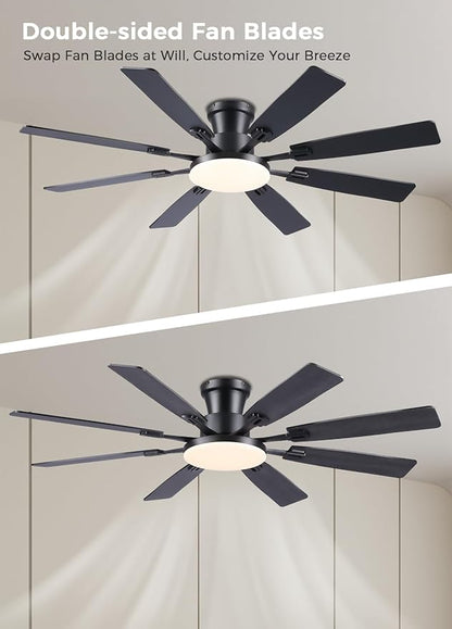 JSAITEE 60Inch Ceiling Fan with Lights and Remotes, Large Low Profile Flush Mount Ceiling Fans,DC Reversible Motor, 3CCT Dimmable,Noiseless,Dual Finish, Black 6 Speeds Ceiling Fan for Indoor/Outdoor