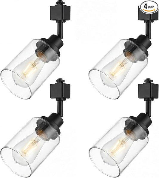 4 Pack H Track Lighting Heads Black Track Lighting Fixtures Ceiling with Clear Glass Shades, H Type Track Lighting Replacement Heads Indoor Spotlight for Accent Retail Kitchen Island Lighting