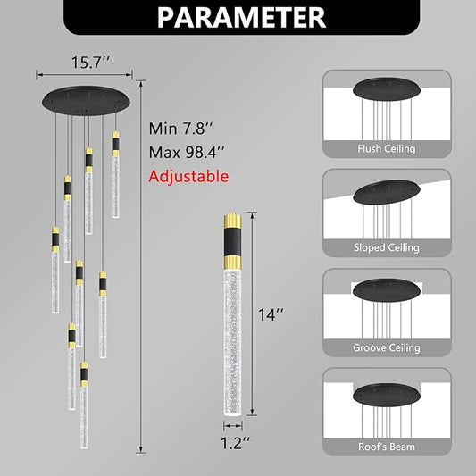 8-Lights 98 Inches Modern Chandelier LED Light Fixtures Adjustable Long Light Chandelier for Hallway Foyer Dimmable Lights with Remote Dining Kitchen Ceiling Pendant Lighting