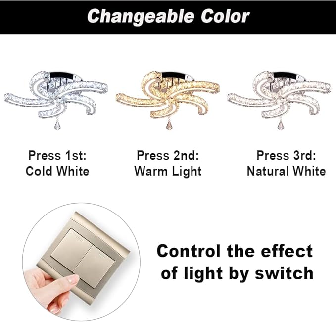 Finktonglan 19.7" Multi-Color Crystal Semi Flush Mount Ceiling Light, 5-Light LED Chandelier, 3-Color Switch (Warm/Neutral/Cool), K9 Crystal & Acrylic, 25W, Modern Ceiling Lighting Fixture