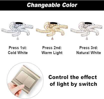 Finktonglan 19.7" Multi-Color Crystal Semi Flush Mount Ceiling Light, 5-Light LED Chandelier, 3-Color Switch (Warm/Neutral/Cool), K9 Crystal & Acrylic, 25W, Modern Ceiling Lighting Fixture