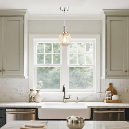 Brushed Nickel Pendant Lights Kitchen Island, 1-Light 5.9" Modern Glass Pendant Light with Clear Glass and Rods, Mini Hanging Lighting for Kitchen Sink Bathroom Bedroom, OS-YQ7749-1PBN