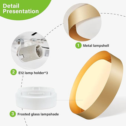 Yiisem Modern Glass Gold Flush Mount Ceiling Lights, 16.5" Minimalist Round Ceiling Lighting, Drum Close to Ceiling Light Fixtures for Living Room, Bedroom, Dining Room, Kitchen, Hallways