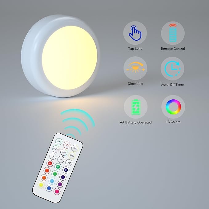 SEMSMOKS Battery Operated LED Push Lights with Wireless Remote, 13 Color RGB - for Closet, Bedroom Wall, Under Cabinet, Battery Powered Puck Lights. Convenient 3M Stick On(Black, 2-Packs)