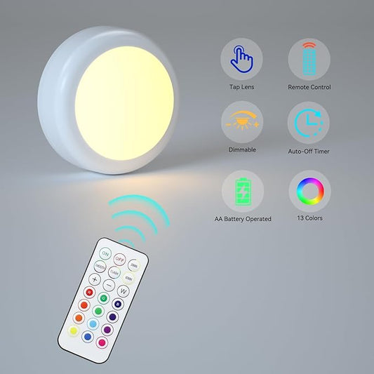 SEMSMOKS Battery Operated LED Puck Lights with Wireless Remote, 13 Color RGB - for Closet, Bedroom Wall, Under Cabinet, Battery Powered Push Lights. Convenient 3M Stick On(White, 3-Packs)