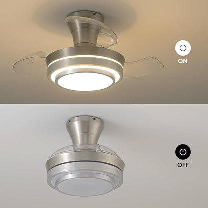 Retractable Small Led Ceiling Fan with Light and Remote 28 Inch Low Profile Brushed Nickle Modern Fandelier for Bedroom Living Room Dimmable 6 Speed Reversible Smart Ceiling Fan