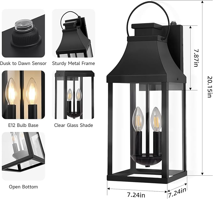 tewei Dusk to Dawn Outdoor Lighting Fixture, 20'' Large Porch Lights Outdoor Sconce Lights, 2-Light Black Exterior Lights for House Waterproof Outside Patio Lanterns for House Garage, 2-Pack