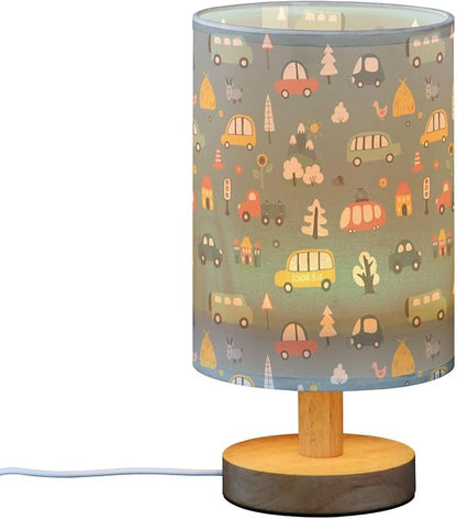 Table Lamp Cute Cars Pattern Cartoon Transportation Doodle Nightstand Lamp with Wood Base Fabric Lamp Shade Bedside Desk Lamp for Living Room Bedroom Kids Room Office