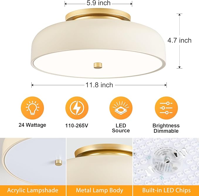 Dimmable LED Ceiling Light Fixture, 2700K-6000K 5CCT Modern Mid-Century Semi Flush Mount Ceiling Light, Cream White Close to Ceiling Lamp for Kitchen, Laundry Room, Bedroom, Hallway, 11.8in