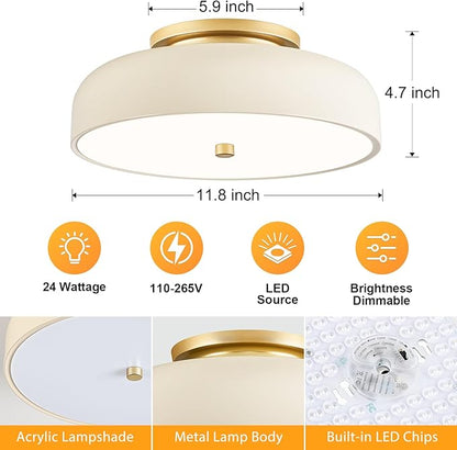 Dimmable LED Ceiling Light Fixture, 2700K-6000K 5CCT Modern Mid-Century Semi Flush Mount Ceiling Light, Cream White Close to Ceiling Lamp for Kitchen, Laundry Room, Bedroom, Hallway, 11.8in
