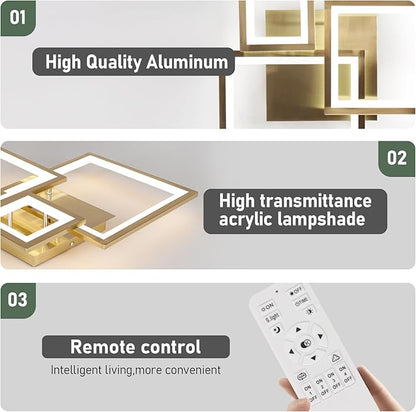 Modern Gold Led Ceiling Light 3-Square Design 3000K-6500K Dimmable LED Ceiling Light with Remote 33W Acrylic Ceiling Lighting Fixture for Bedroom Kitchen Dining Room Office Lamps