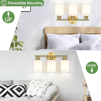 Zarbitta 3-Light Bathroom Light Fixtures, Brushed Gold Vanity Light, Farmhouse Wall Lights with Milky White Frosted Glass Shades, Bathroom Wall Lamp for Mirror Kitchen Bedroom Hallway Living Room