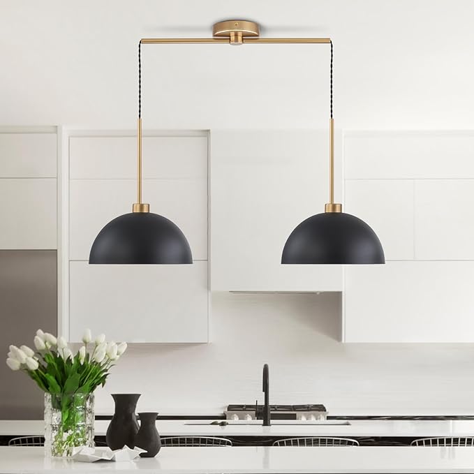 Farmhouse Pendant Lights Kitchen Island, 2 Light Black and Gold Dome Pendant Light, Industrial Modern Kitchen Island Lighting for Dining Room, Restaurant, Cafe, Bar