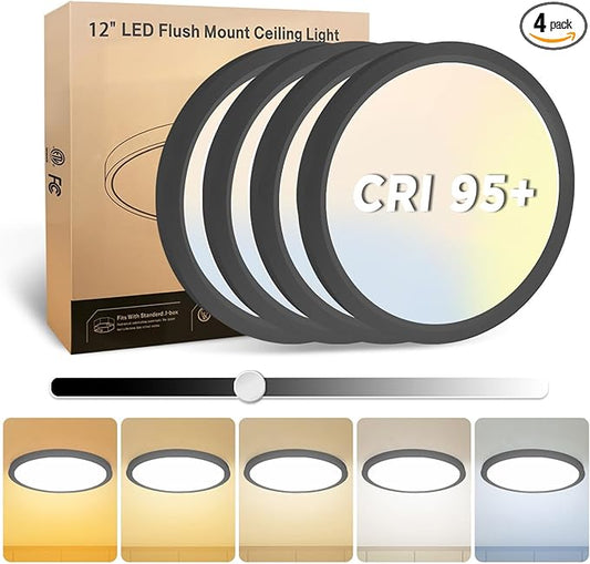 4Pack 12 Inch LED Flush Mount Ceiling Light, 25W, 3000LM, CRI 95+, 2700K-5000K 5CCT & Dimmable, Black Round Surface Flat Panel Light for Hallway, Kitchen, Bedroom, Laundry Room