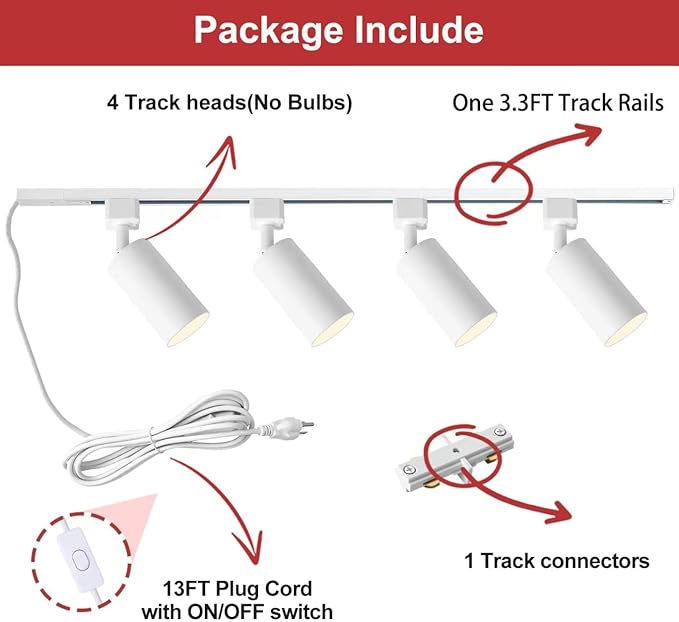 Plug in Track Lighting with Power Cord, 4-Light GU10 Track Lighting Kit with 3.3FT H Type Track Lighting Rails, Modern Kitchen LED Track Lighting Fixtures Ceiling Spot Light, White (No Bulbs)