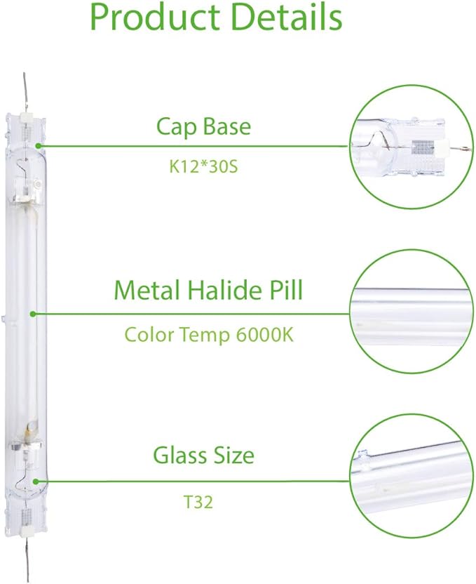 6000K 1000W Double Ended MH Grow Light Bulb,1000 Watt DE Metal Halide Grow Lamp,High PAR Enhanced Blue and Violet Spectrum,Compatible with Ballasts of 1000W Double Ended HPS Bulb