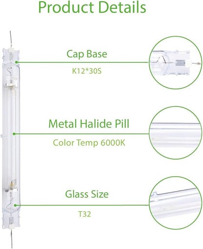6000K 1000W Double Ended MH Grow Light Bulb,1000 Watt DE Metal Halide Grow Lamp,High PAR Enhanced Blue and Violet Spectrum,Compatible with Ballasts of 1000W Double Ended HPS Bulb